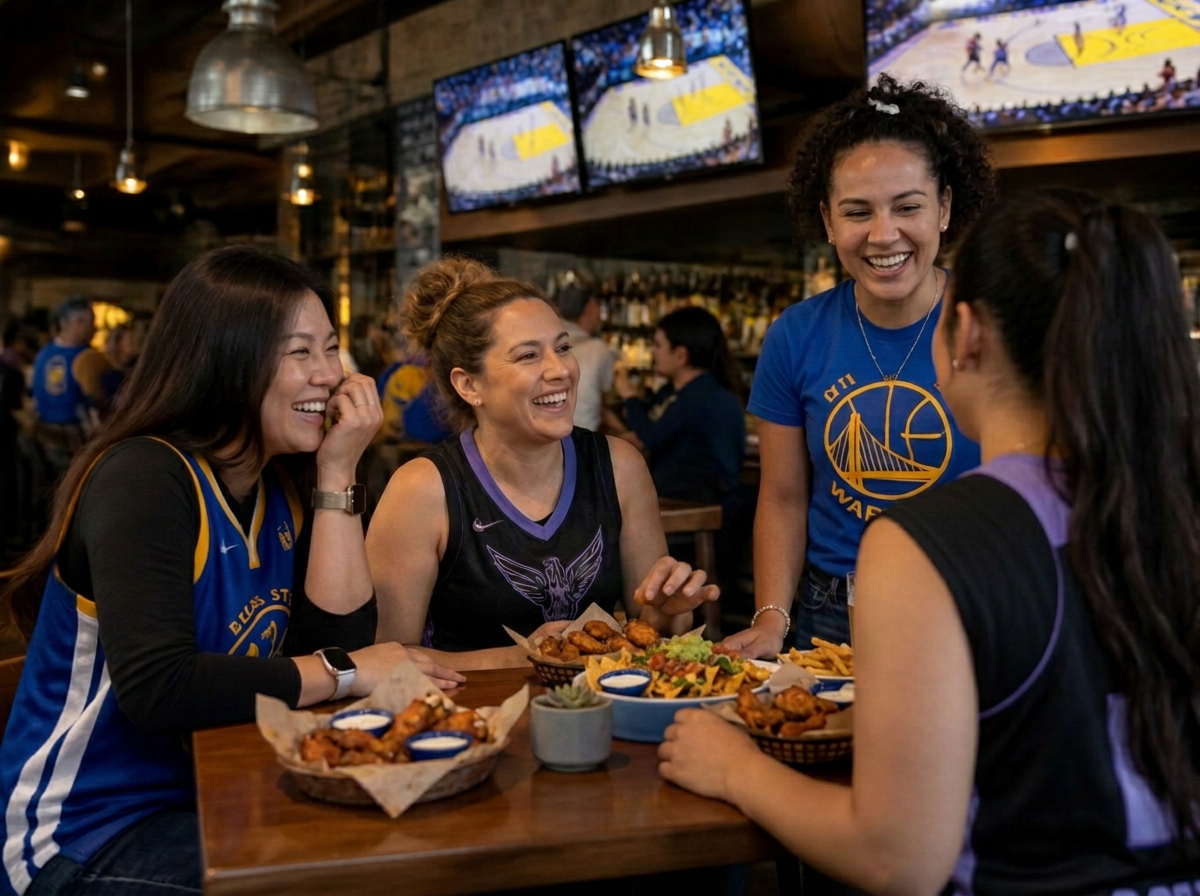 A cozy corner of a public Bay Area café or brewery set up for a basketball watch party.