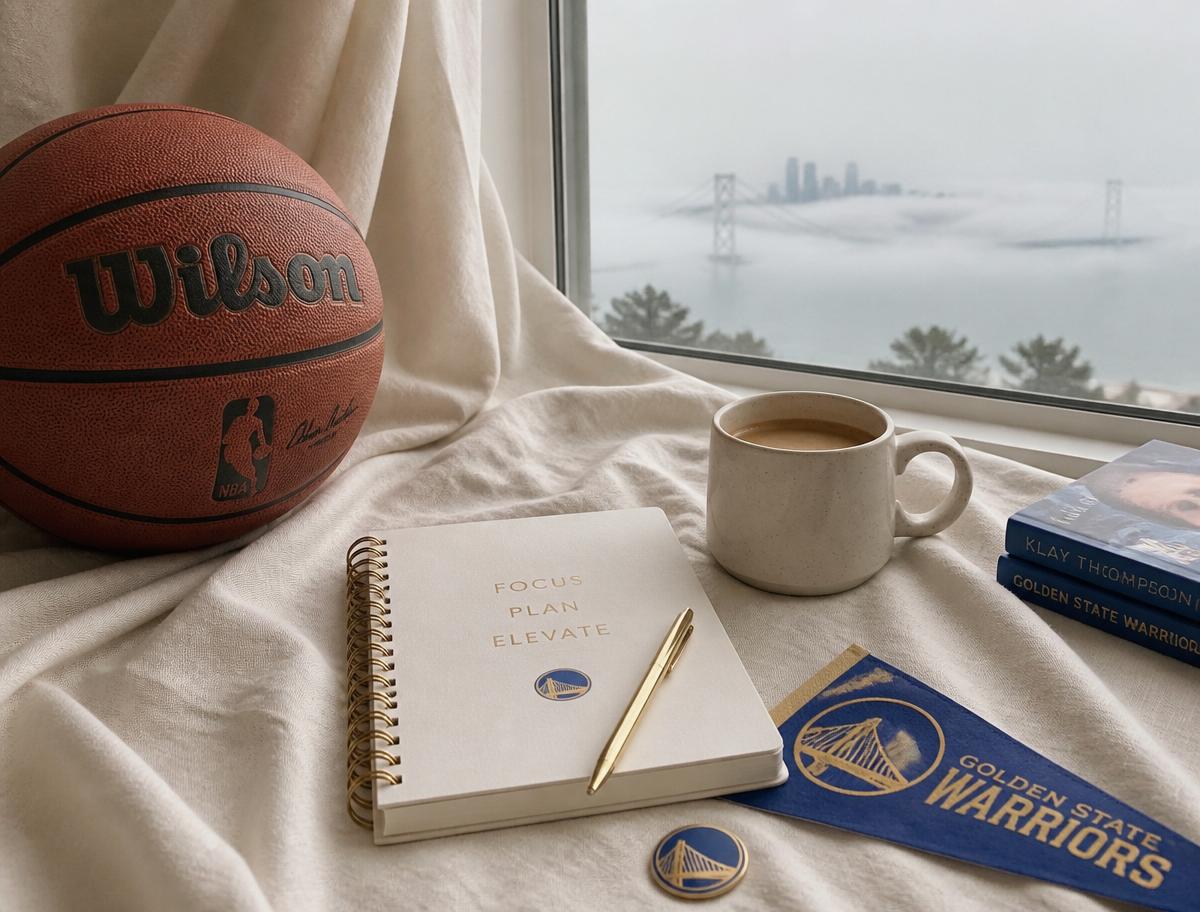 Basketball, notebook, gold pen, and coffee on a windowsill overlooking a Bay Area bridge in fog.