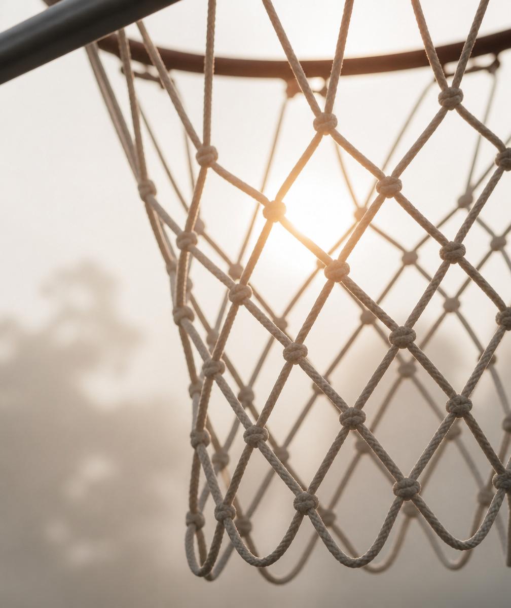 Detail of a basketball net with sunlight through it.