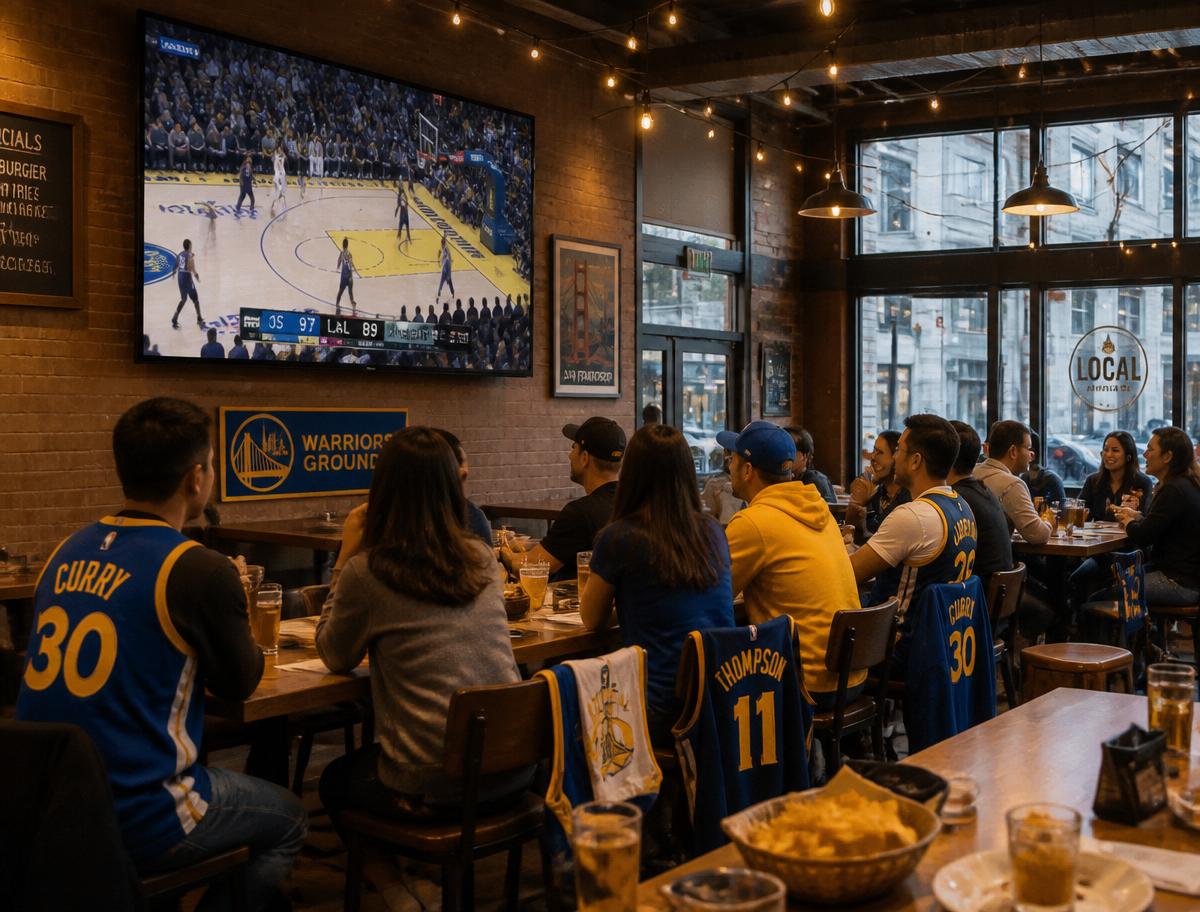 A cozy corner of a public Bay Area café or brewery set up for a basketball watch party.